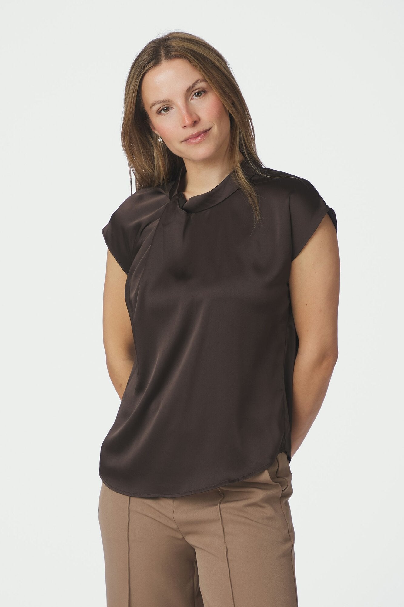 Fleur Drapy Satin bluse - Dark Brown
